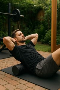 Man using a foam roller on a mat in a garden gym setup.