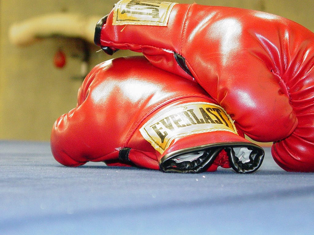 Red boxing gloves with a gold logo resting on a blue gym mat.