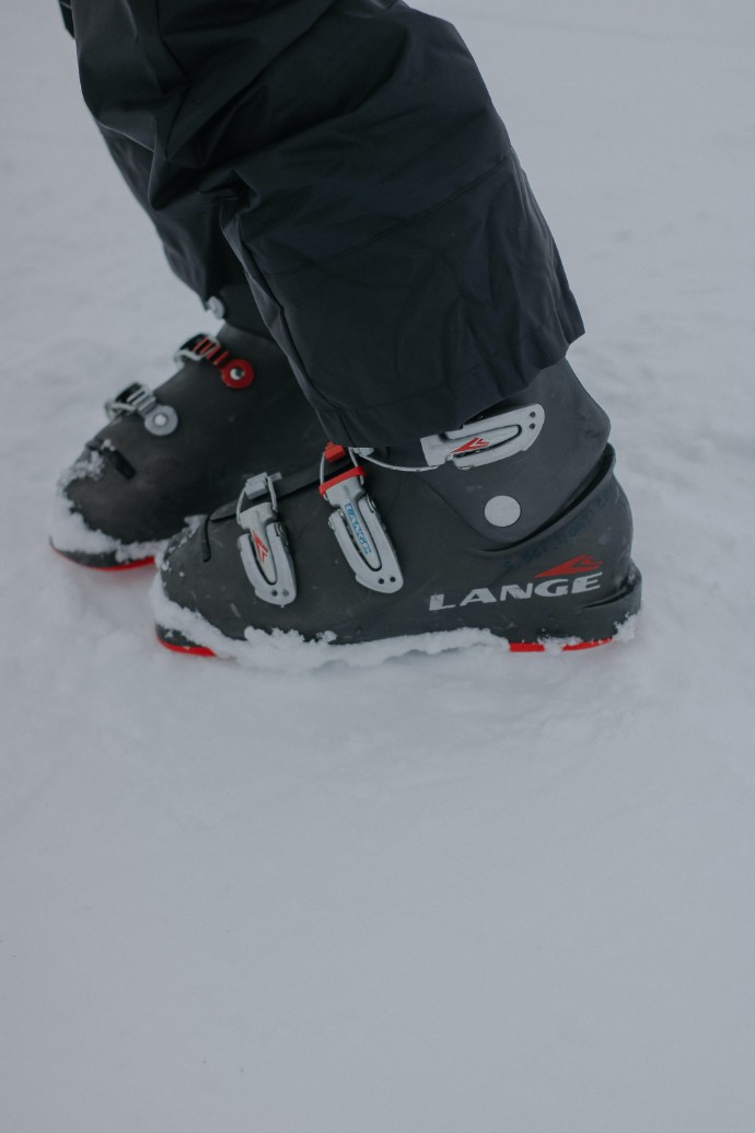 Close-up of feet in ski boots.