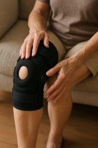 A close-up of a person’s knee with a knee brace on.